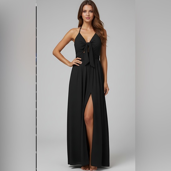 Boho Black Knot Front Tie Back Maxi Halter Dress - Picture 3 of 8